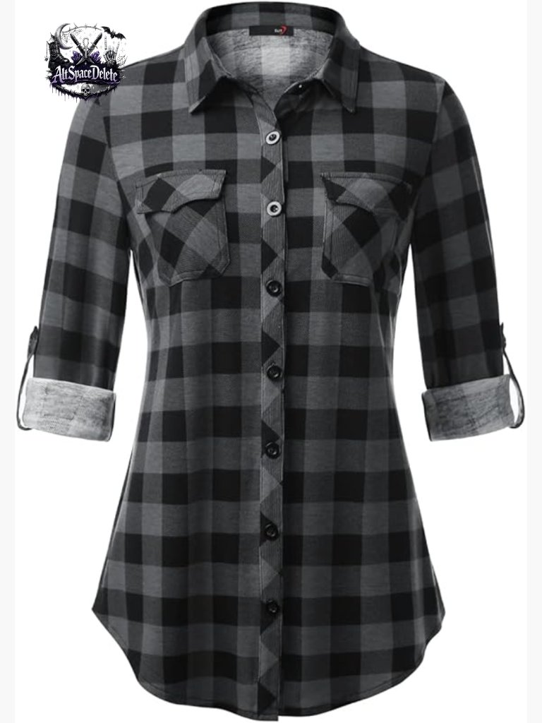 Soft Stretchy Knit Plaid Button Down Blouse Long Sleeve Roll Up Cuff